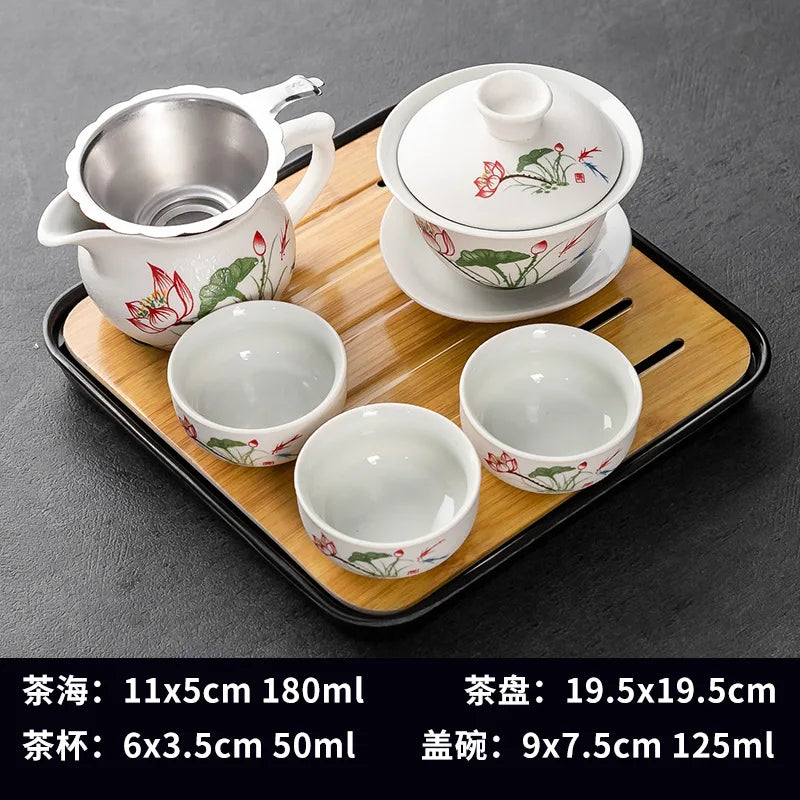 Household Kung Fu Tea Set (Gaiwan, 3 Cups & Dry Tray)