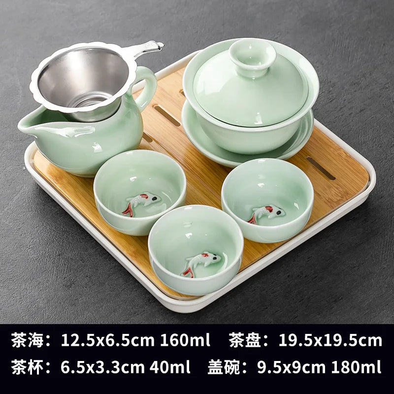 Household Kung Fu Tea Set (Gaiwan, 3 Cups & Dry Tray)