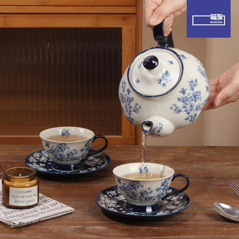 SOLECASA Elegant Blue & White Porcelain Tea Service – Complete Afternoon Tea Gift Set