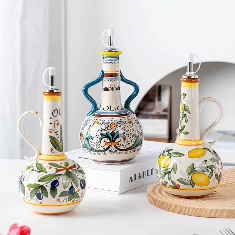 Flangeaks" Hand-Painted Green Ceramic Oil & Vinegar Dispenser