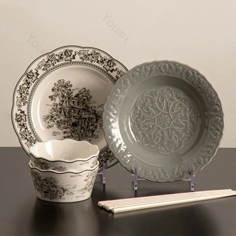 French Modern Gray Ceramic Dinnerware Collection – Luxury Steak Plates & Soup Bowls