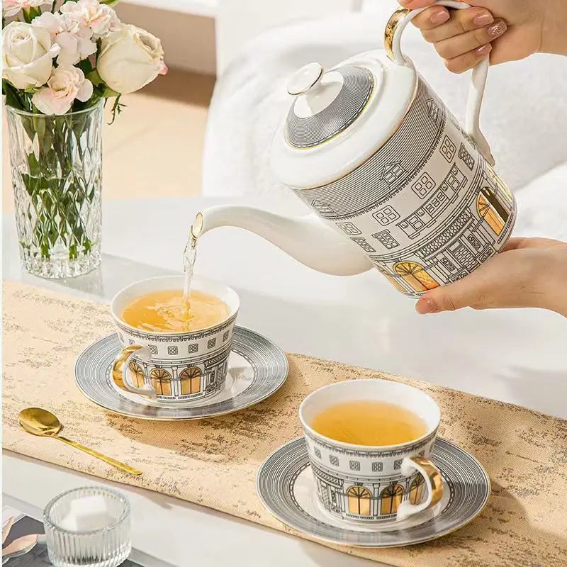 European Swan Castle Coffee & Tea Set (Gold-Plated Handle)