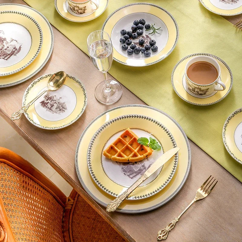 "Nordic Retro" Luxury Porcelain Dinner & Tea Set (Plates, Cups & Pot)