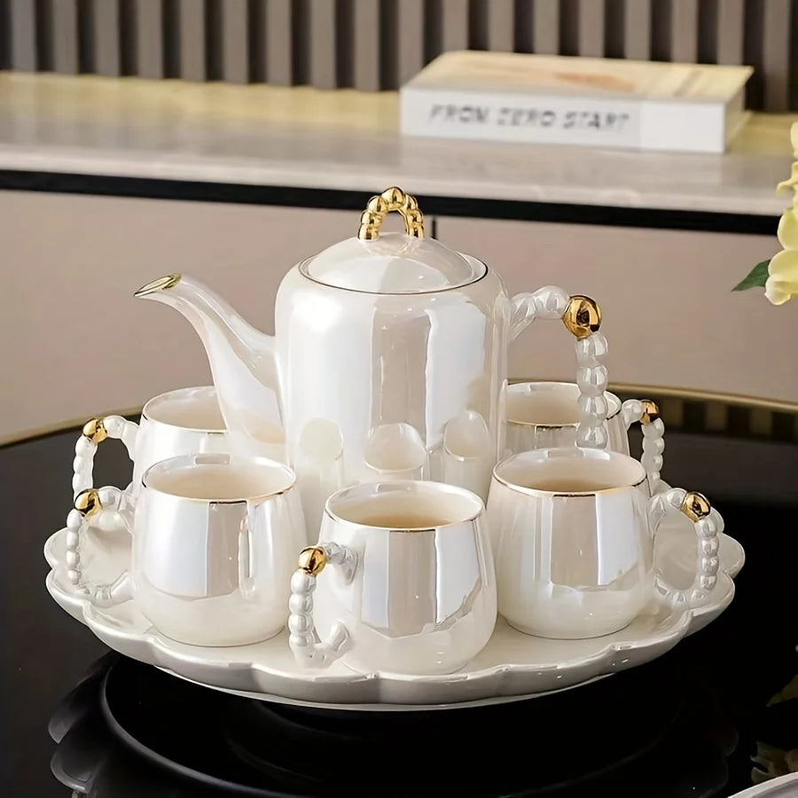 European Pearl White Glazed Porcelain Tea Service (Teapot, Sugar & Creamer)