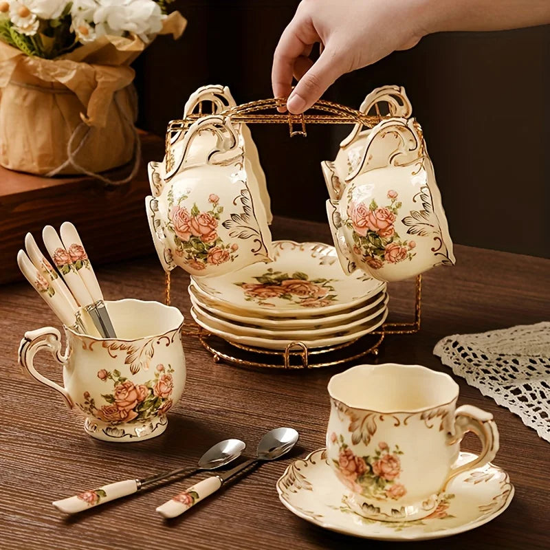 Classic Floral Ceramic Cup & Saucer Set (Ivory Edition)