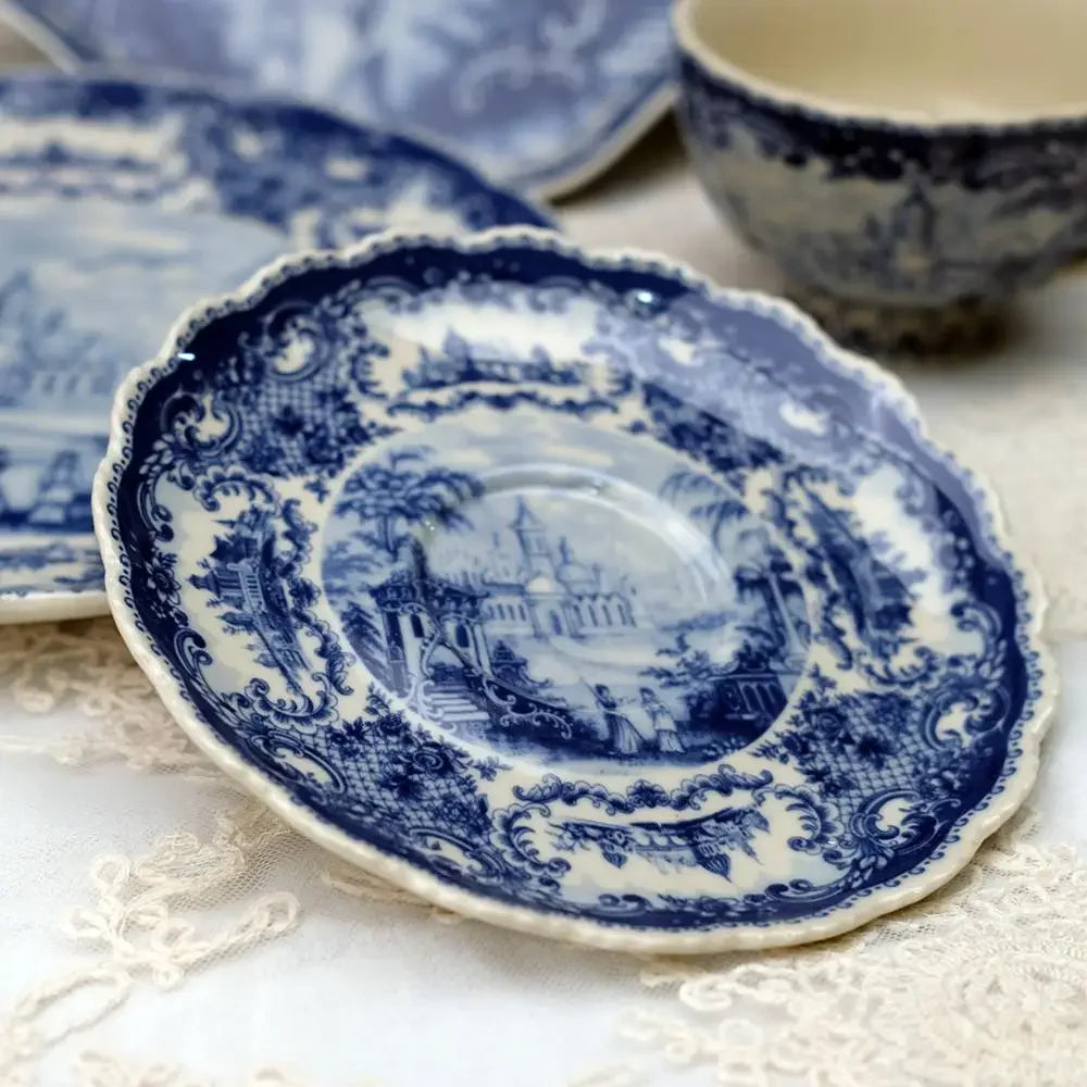European "Blue Castle" Underglaze Ceramic Collection – Coffee Cups, Saucers & Dining Plates