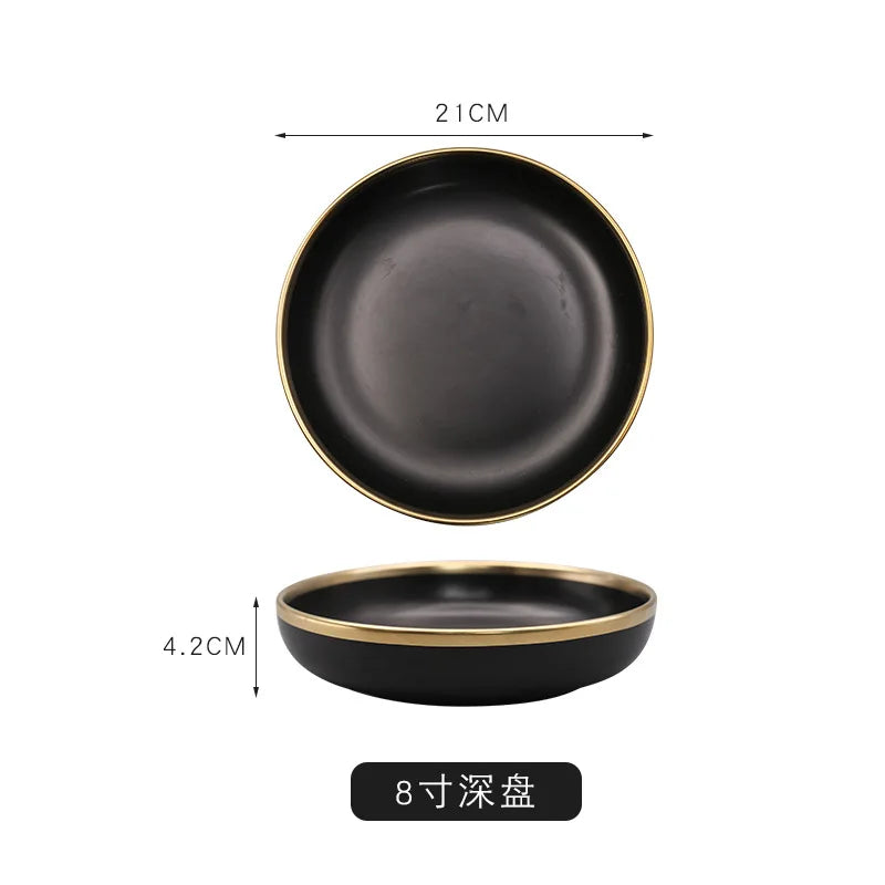 Modern Luxury Matte Black Dinner Set with Gold Rim (12 Pieces)