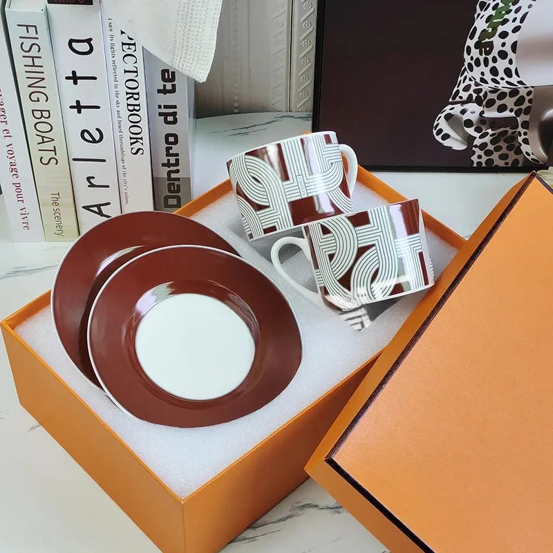 Fashionable European Style Red Tea & Coffee Set (2 Cups + 2 Plates) – Luxury Gift Box