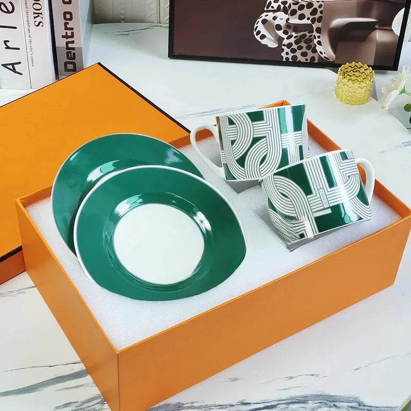 Fashionable European Style Red Tea & Coffee Set (2 Cups + 2 Plates) – Luxury Gift Box