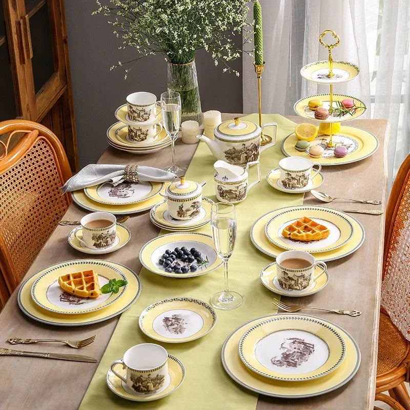 "Nordic Retro" Luxury Porcelain Dinner & Tea Set (Plates, Cups & Pot)