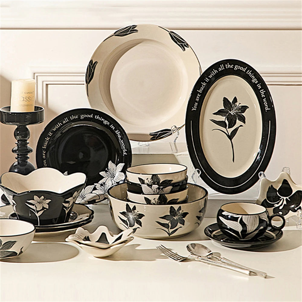 Vintage Black Printed Ceramic Tableware Collection – Western Style Afternoon Tea & Dinner Set