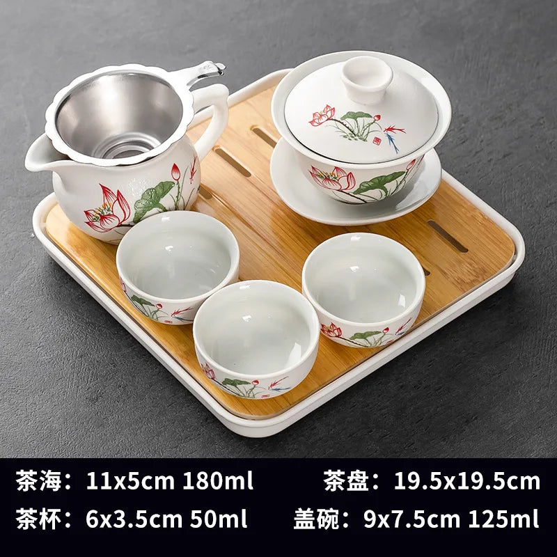 Household Kung Fu Tea Set (Gaiwan, 3 Cups & Dry Tray)
