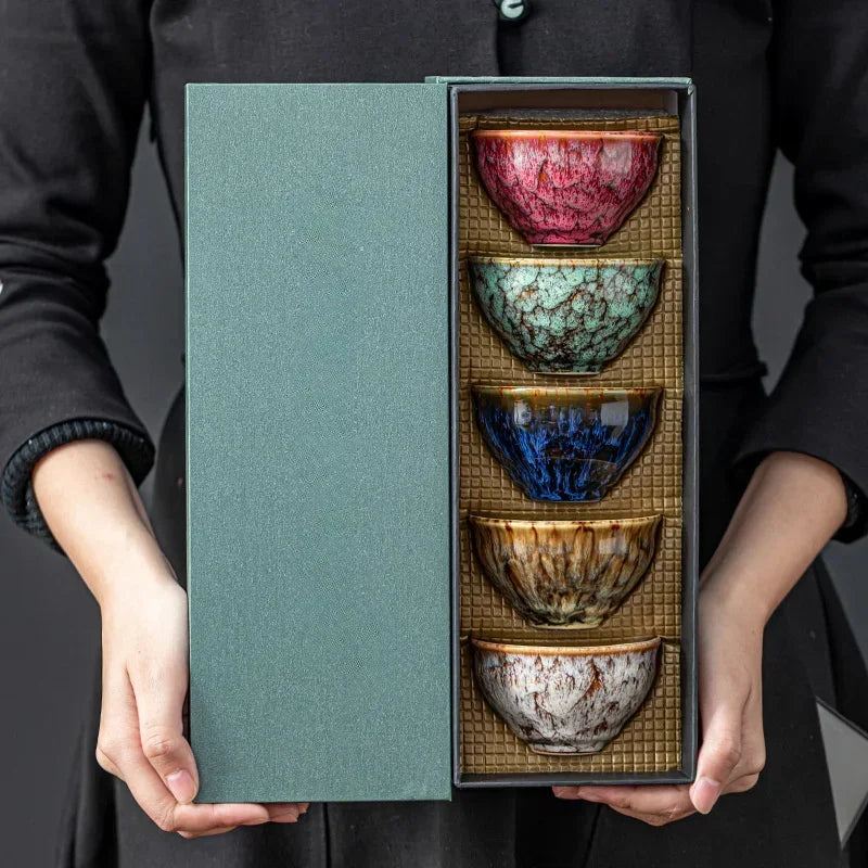 Handmade Jianzhan Kung Fu Tea Cup Set (5 Pieces) – Traditional Kiln Change