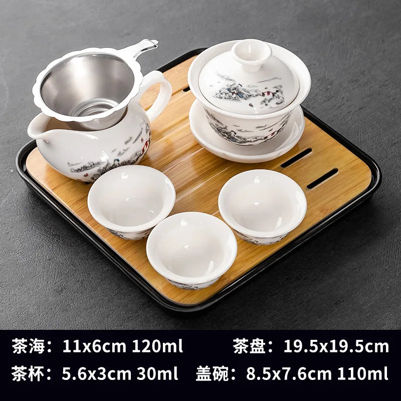 Household Kung Fu Tea Set (Gaiwan, 3 Cups & Dry Tray)