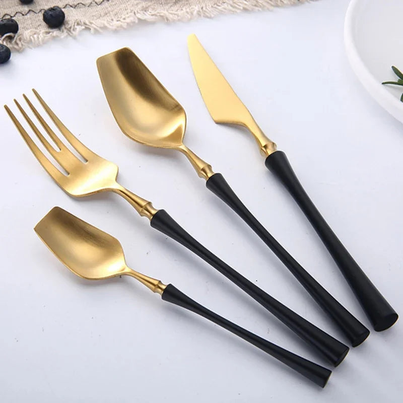 Modern Luxury Matte Black & Gold Flatware Set (24 Pieces) – Stainless Steel