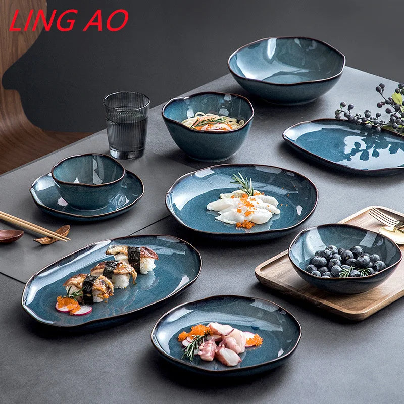 LingAo Japanese Kiln Glazed Ceramic Dinnerware Set – Artisan Bowls & Plates