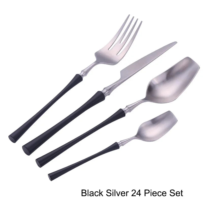 Modern Luxury Matte Black & Gold Flatware Set (24 Pieces) – Stainless Steel