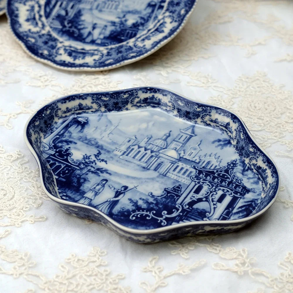European "Blue Castle" Underglaze Ceramic Collection – Coffee Cups, Saucers & Dining Plates