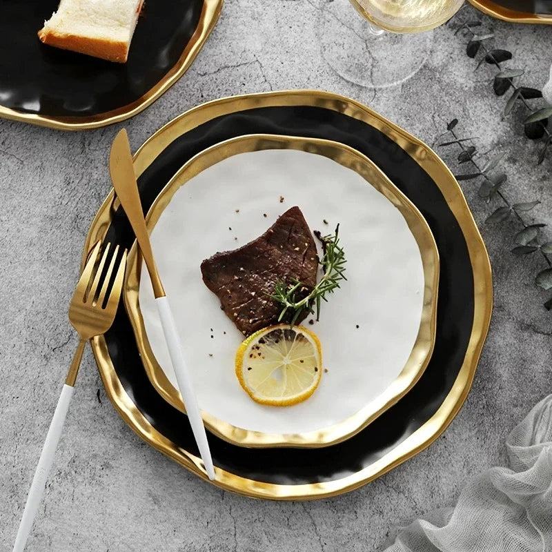 Nordic Chic Gold-Accented Porcelain Collection – Dinner Plates, Bowls & Cake Trays