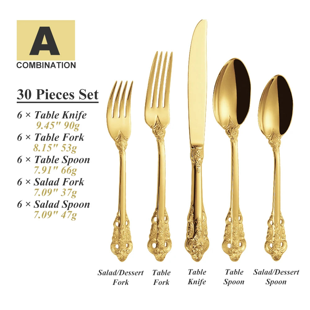 Royal Vintage 30-Piece Gold Plated Cutlery Set – Service for 6 (Gold, Rose Gold, Black)