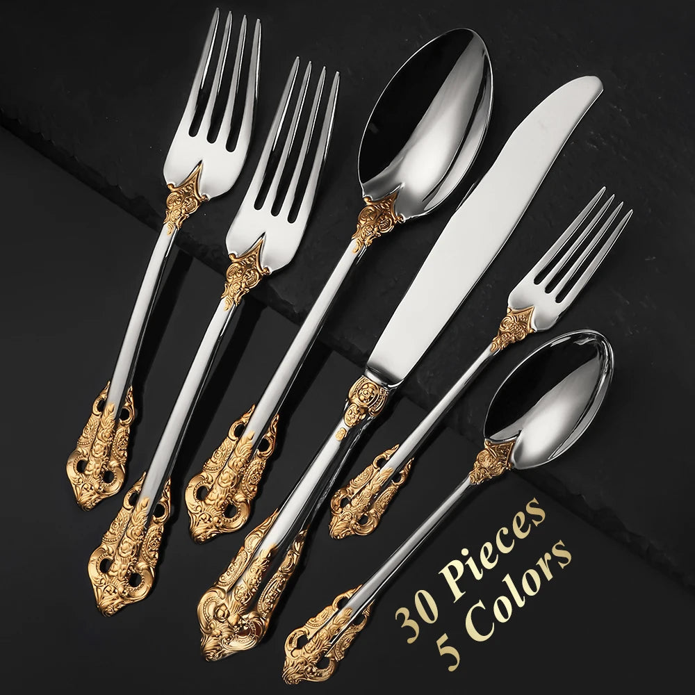 Royal Vintage 30-Piece Gold Plated Cutlery Set – Service for 6 (Gold, Rose Gold, Black)