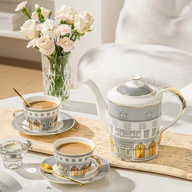 European Swan Castle Coffee & Tea Set (Gold-Plated Handle)