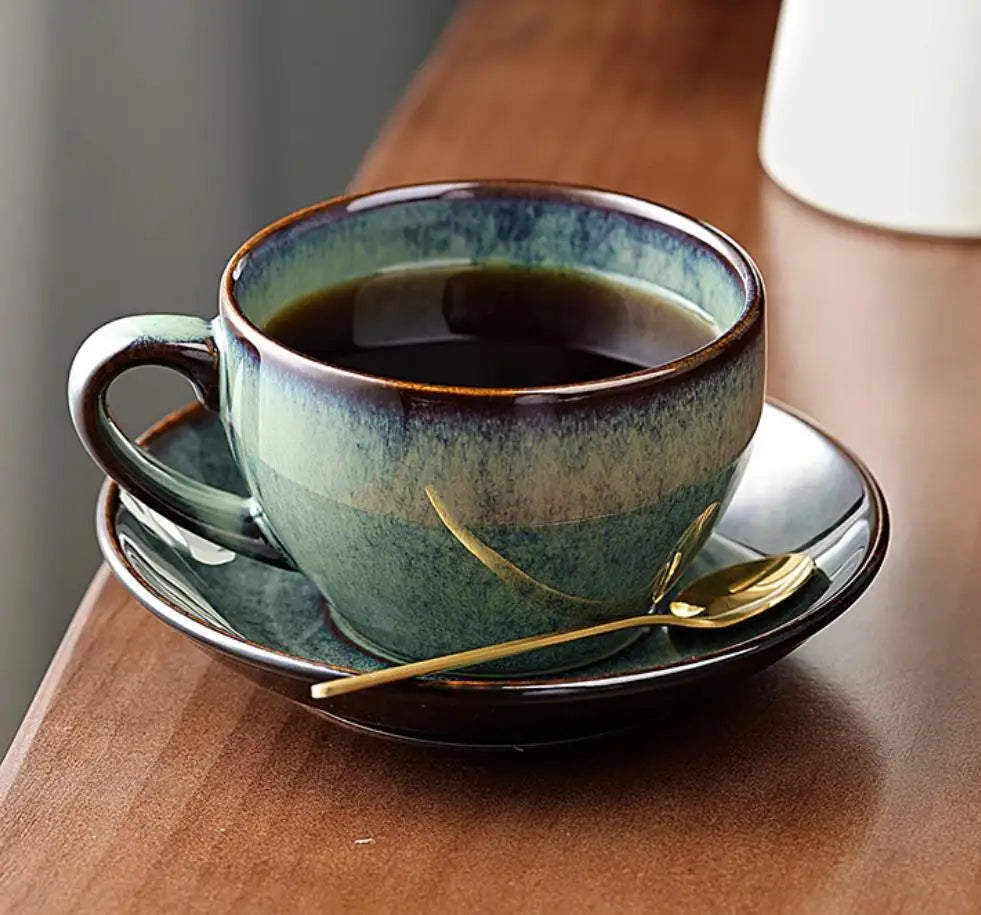 Retro Chic 300ml Ceramic Coffee Cup & Saucer Set – For Lattes & Afternoon Tea