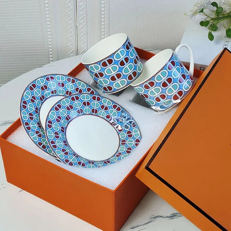 Fashionable European Style Red Tea & Coffee Set (2 Cups + 2 Plates) – Luxury Gift Box