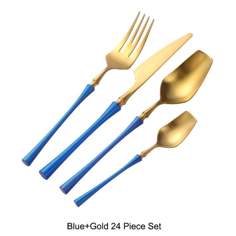 Modern Luxury Matte Black & Gold Flatware Set (24 Pieces) – Stainless Steel