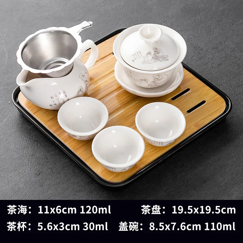Household Kung Fu Tea Set (Gaiwan, 3 Cups & Dry Tray)