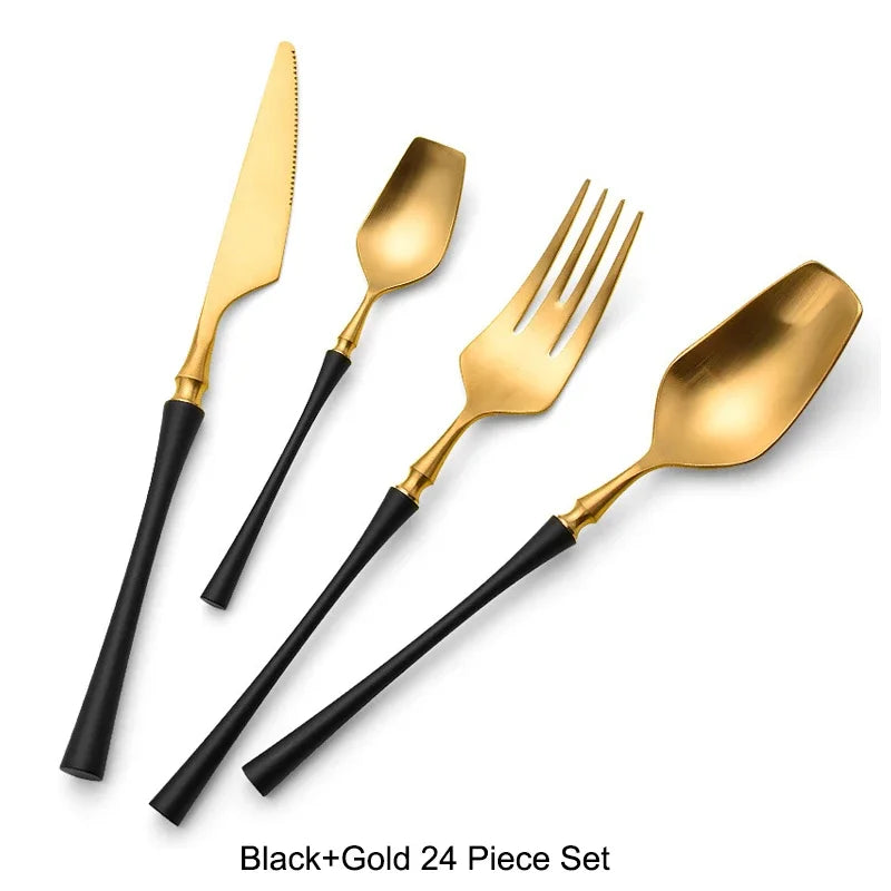 Modern Luxury Matte Black & Gold Flatware Set (24 Pieces) – Stainless Steel