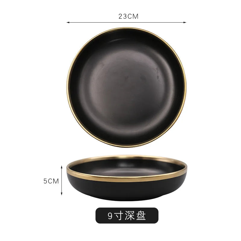 Modern Luxury Matte Black Dinner Set with Gold Rim (12 Pieces)