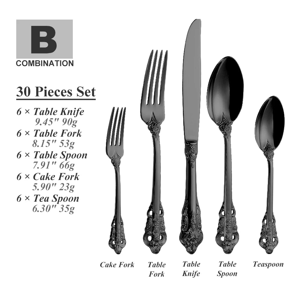 Royal Vintage 30-Piece Gold Plated Cutlery Set – Service for 6 (Gold, Rose Gold, Black)