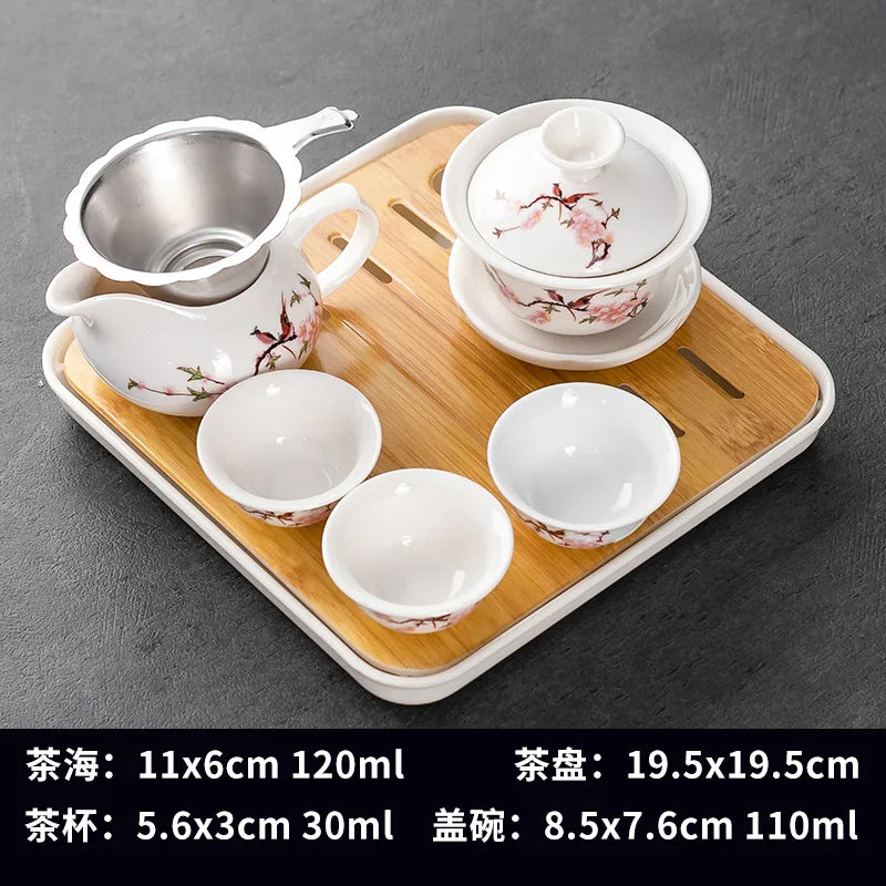Household Kung Fu Tea Set (Gaiwan, 3 Cups & Dry Tray)