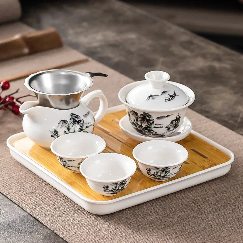 Household Kung Fu Tea Set (Gaiwan, 3 Cups & Dry Tray)