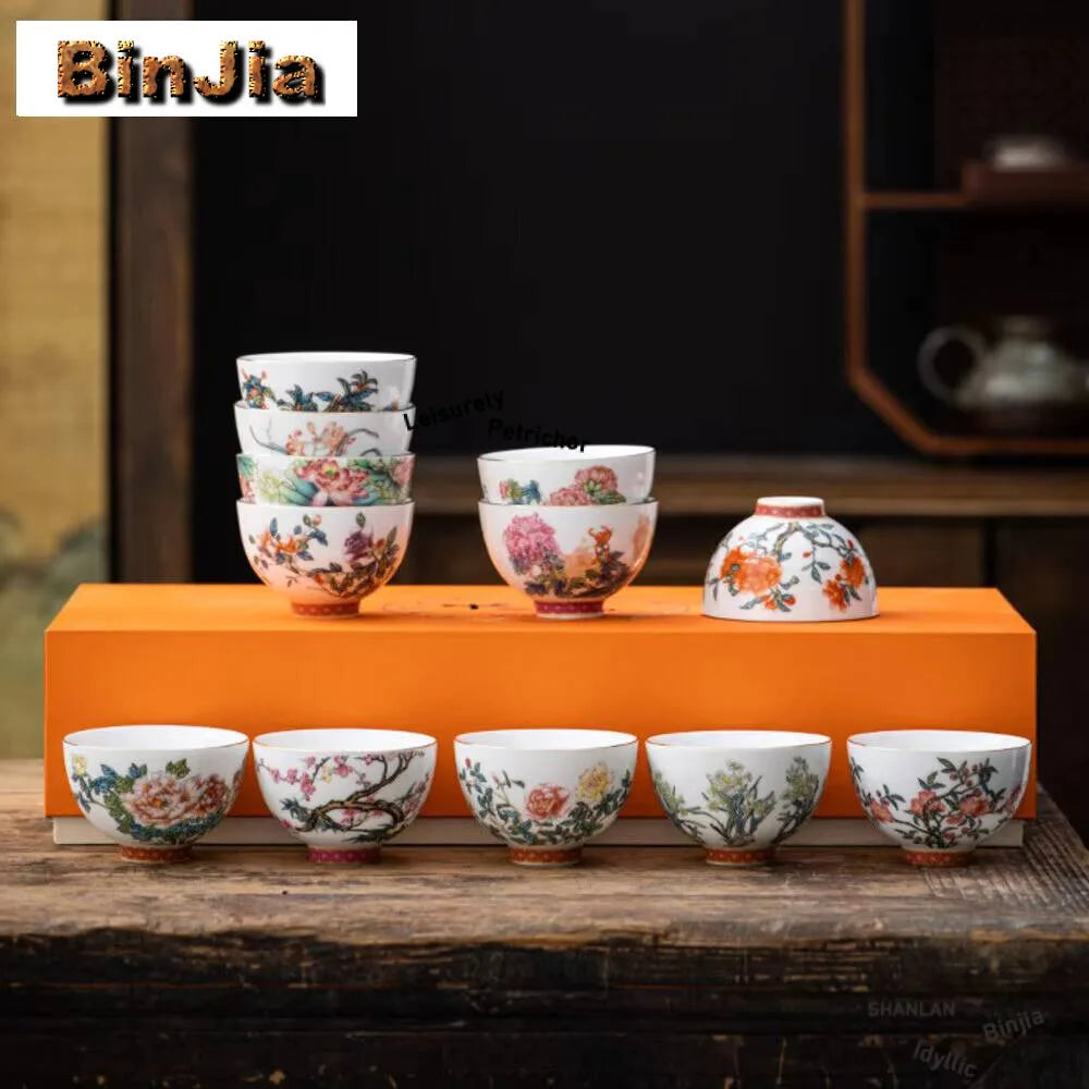 "Twelve Flower Gods" Enamel Tea Cup Set (12 Pcs Gift Box)