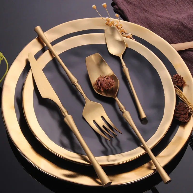 Modern Luxury Matte Black & Gold Flatware Set (24 Pieces) – Stainless Steel