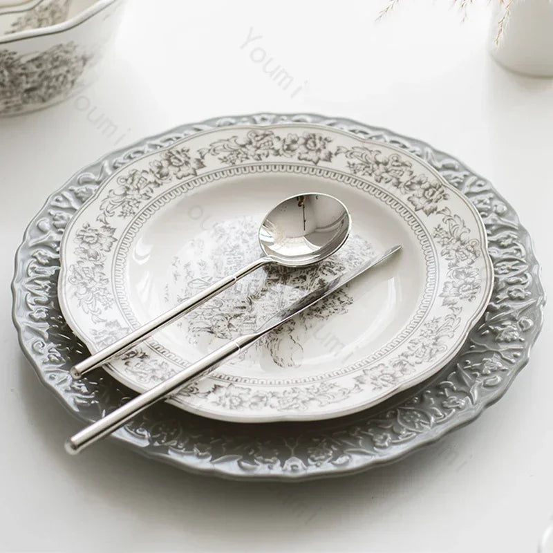 French Modern Gray Ceramic Dinnerware Collection – Luxury Steak Plates & Soup Bowls