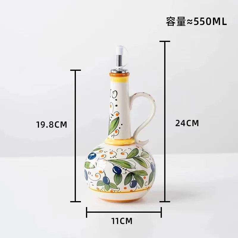 Flangeaks" Hand-Painted Green Ceramic Oil & Vinegar Dispenser