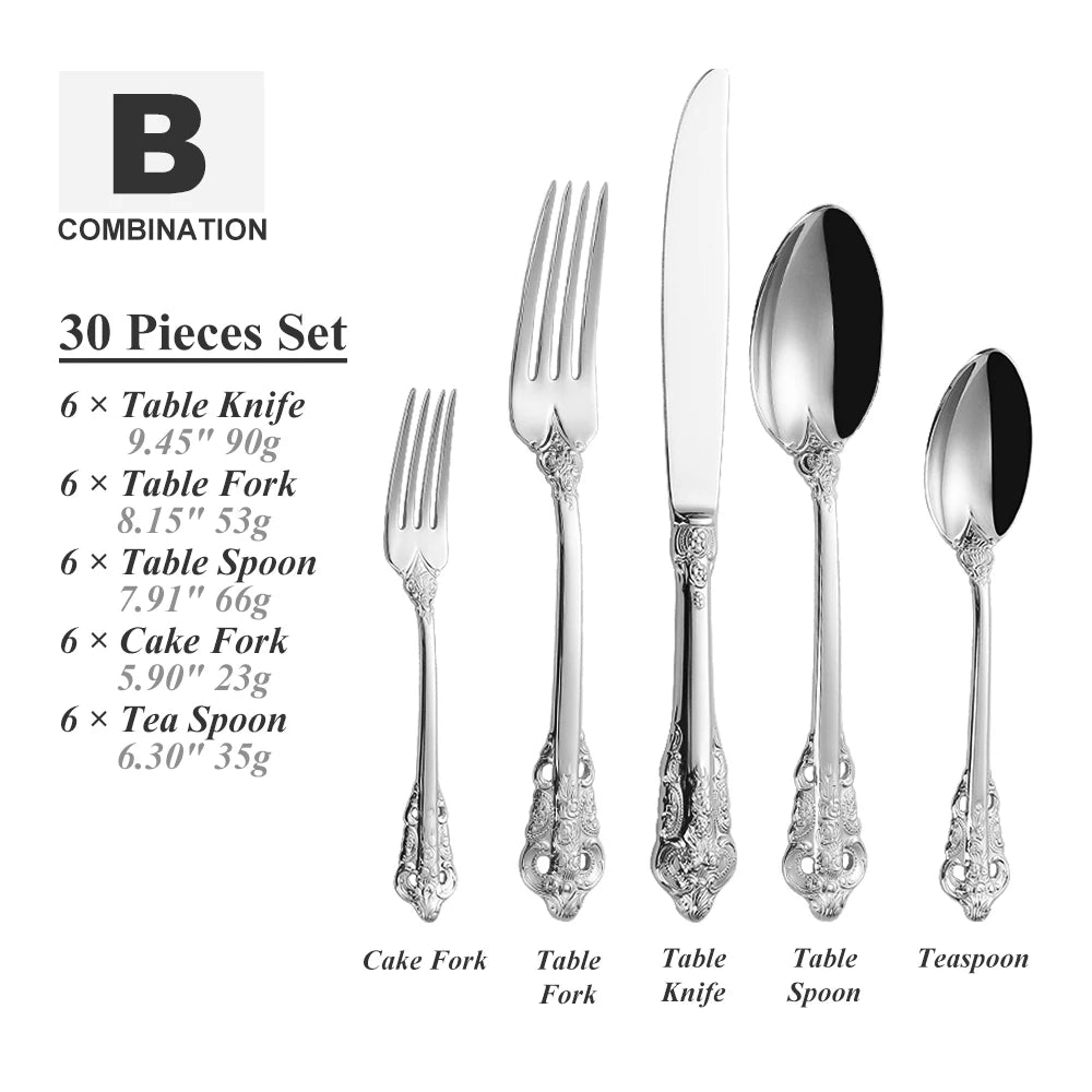 Royal Vintage 30-Piece Gold Plated Cutlery Set – Service for 6 (Gold, Rose Gold, Black)