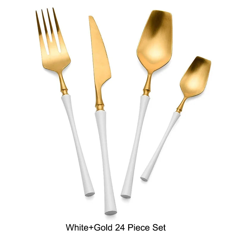 Modern Luxury Matte Black & Gold Flatware Set (24 Pieces) – Stainless Steel
