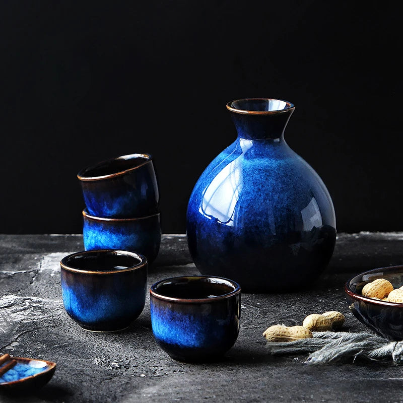 Retro Blue Japanese Sake Set (5-Piece)