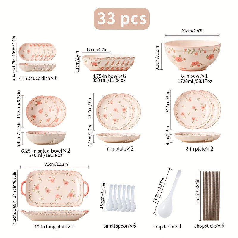 Peach Blossom" Pink Ceramic Dinnerware Set (16/33/44 Pieces)