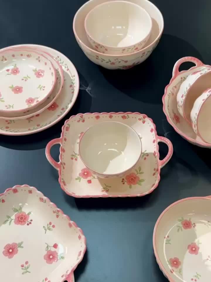 Peach Blossom" Pink Ceramic Dinnerware Set (16/33/44 Pieces)
